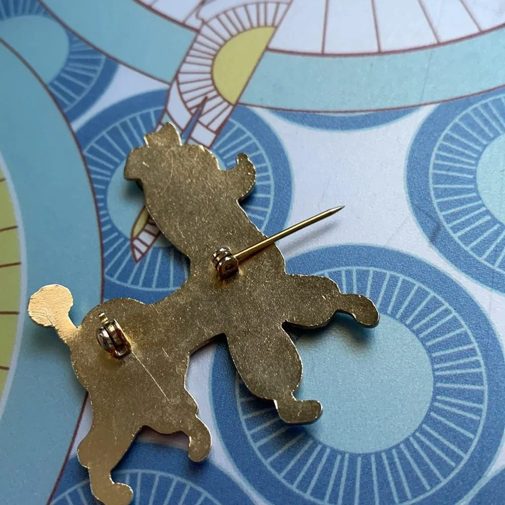 Fancy black French Poodle pin with blue eyes, sweater + bow EUC